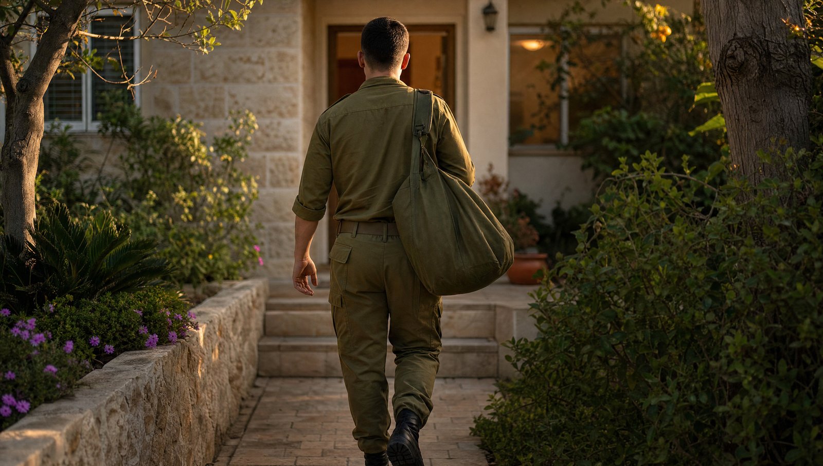 חייל צעיר חוזר הביתה עם תיק גב, ממחיש מזונות בתקופת השירות הצבאי