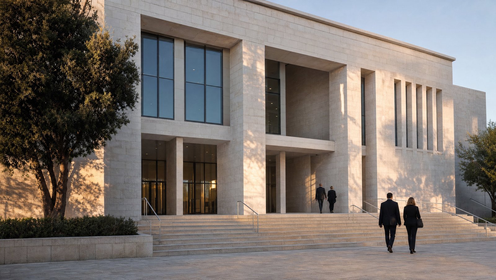 חזית בניין בית משפט בבוקר, שם נדונה התנגדות לצוואה שהועברה מהרשם לענייני ירושה