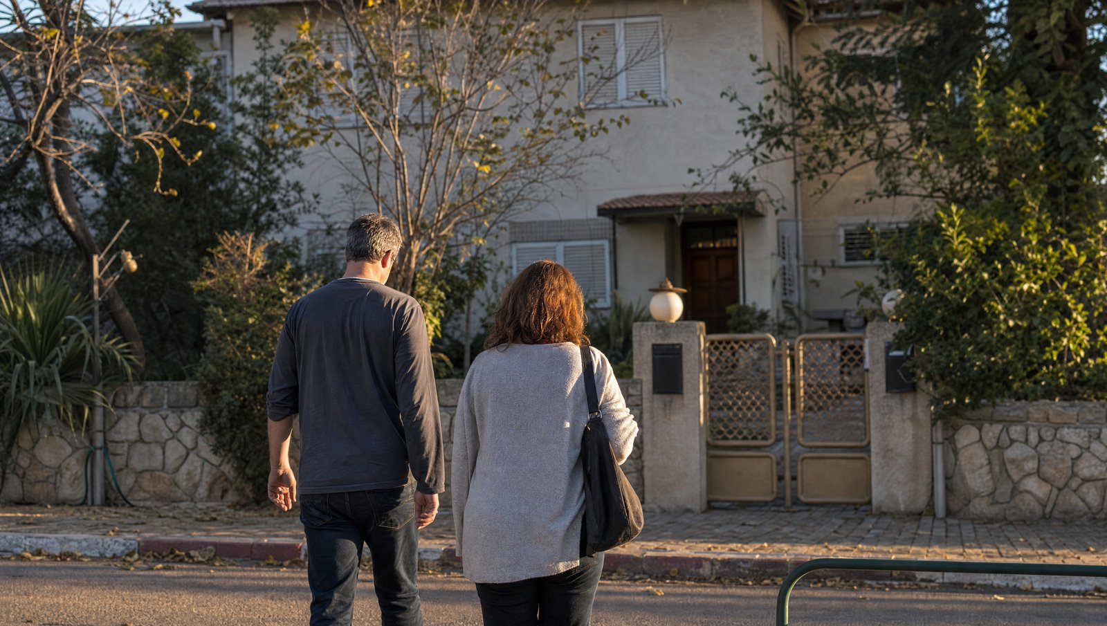 בית משפחה ישן ברחוב מגורים שקט ושני אחים בדרך אליו אחרי פטירה במשפחה