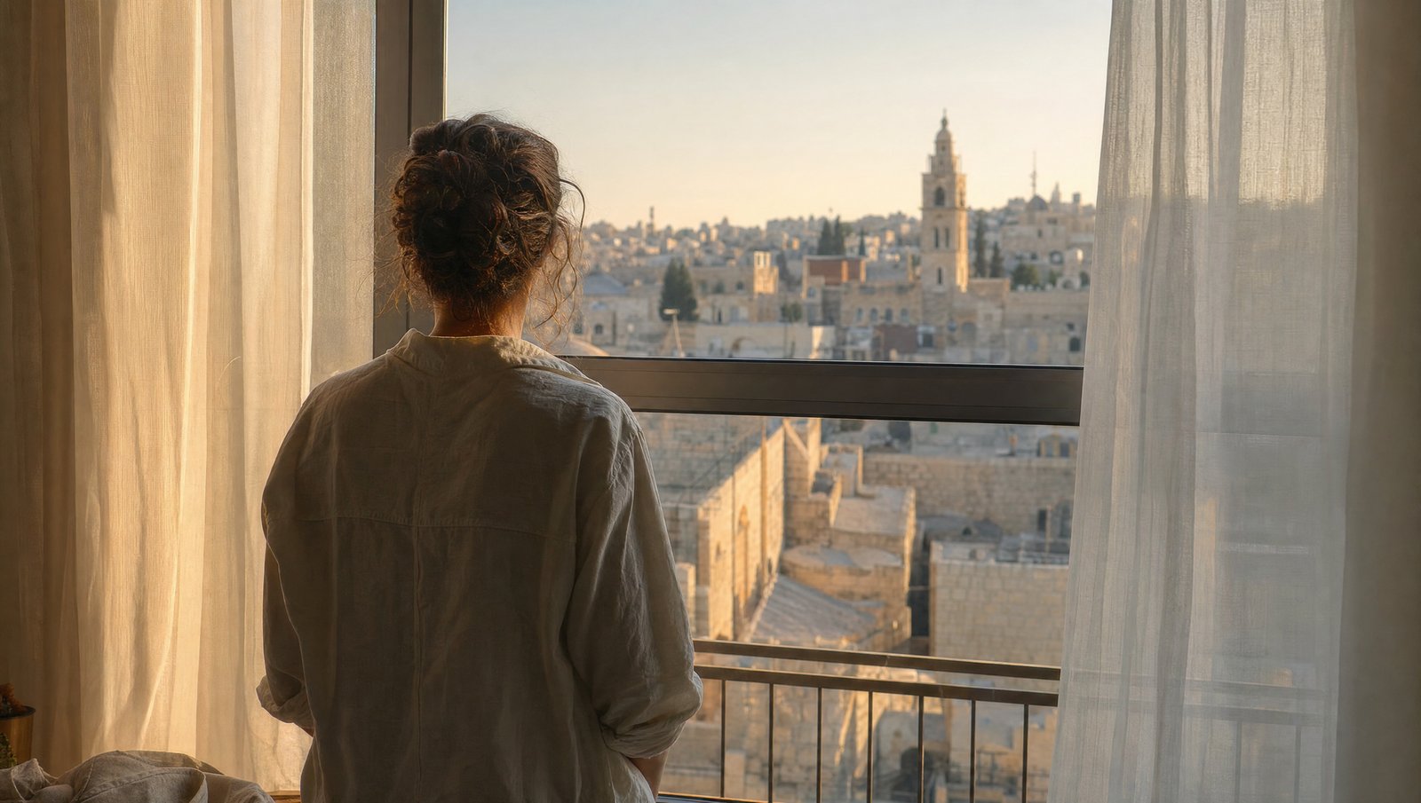 אדם מביט מחלון דירה אל בנייני אבן ירושלמית באור אחר הצהריים